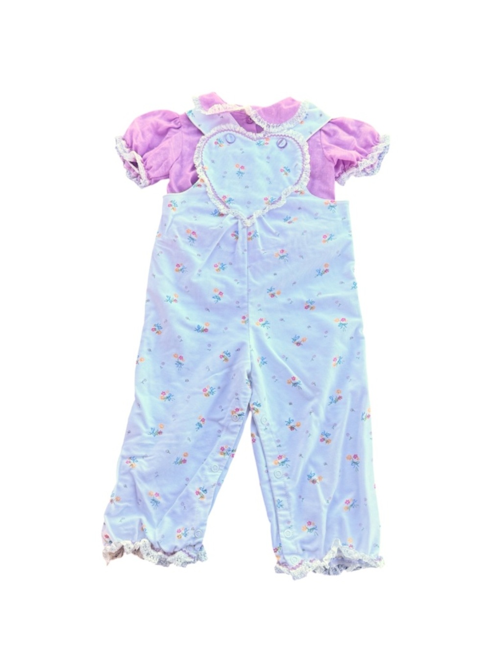 Vintage 80s Handmade Baby Girl Floral Jumpsuit Set | Heart Bib Lace Trim Romper